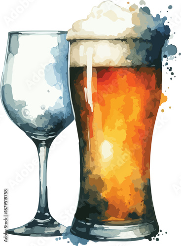 Watercolor Illustration of a Tall Glass of Beer with Frothy Head Alongside an Empty Wine Glass on a White Background