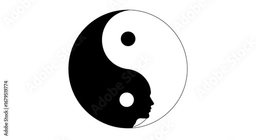 Yin yang symbol with a human profile silhouette subtly integrated into the dark side representing balance