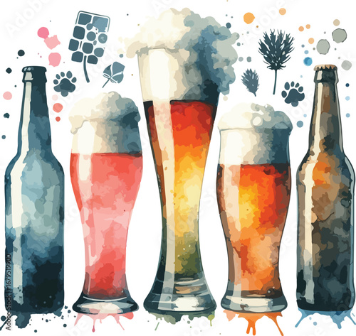 Watercolor Illustration of Beer Bottles and Glasses Displaying Different Beer Types for Craft Beer Promotion and Advertising Purposes