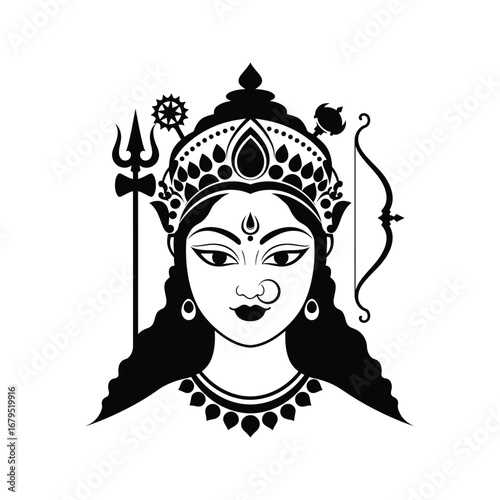 Black and white vector illustration of Goddess Durga Hindu deity with trident and bow perfect for religious designs and celebrations