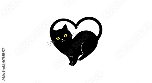 Whimsical black cat curled inside a heart shape with bright yellow eyes on white background