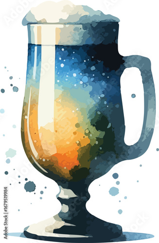 Watercolor Illustration of Beer in a Footed Mug with Foam Ready to Drink and Enjoy a Refreshing Alcoholic Beverage