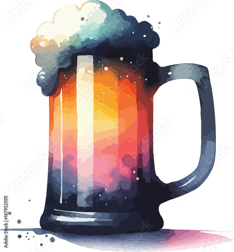 Watercolor Illustration of Beer Mug with Colorful Gradient and Foamy Head Artistic Alcohol Beverage Design