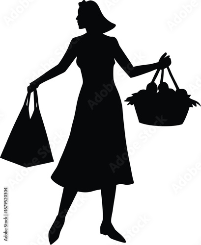 Silhouette of a woman carrying shopping bags and a basket of fruit