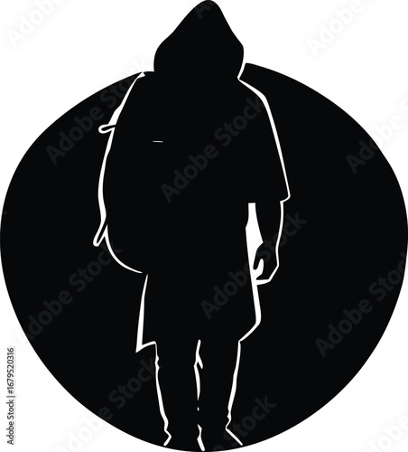 Silhouette of a person with a backpack in a circle