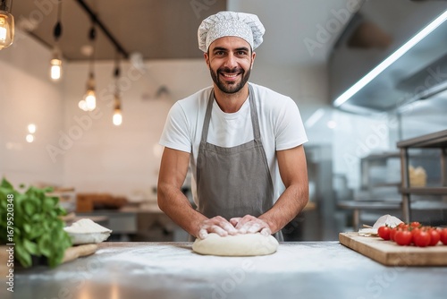 A smiling chef pizza maker in a T-shirt and apron, and a chef's hat in his kitchen, kneading dough on floured surface with fresh ingredients nearby. A backer prepares bread in restaurant.