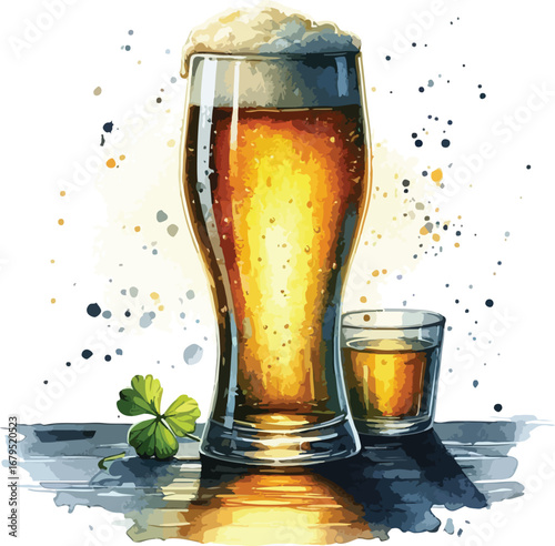 Watercolor Illustration of Beer with Shamrock for St Patricks Day Celebrations Festive Alcohol Drink Imagery and Lucky Charm Symbolism