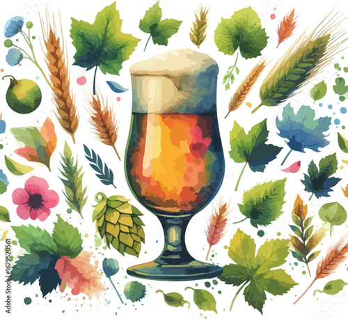 Watercolor Illustration of Craft Beer Glass Surrounded by Hops and Wheat for Brewing Industry and Beer Lovers