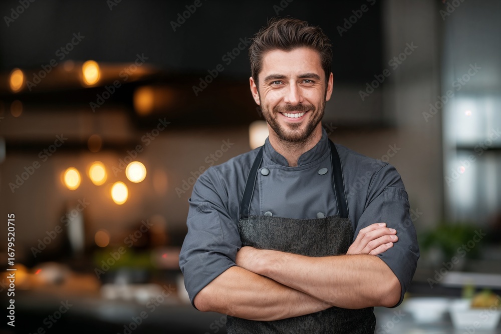 Fototapeta premium Portrait of professional smiling male chef with crossed arms who poses confidently in a cozy kitchen on a background, dressed in a gray uniform and apron. An attractive man cook stands in restaurant.