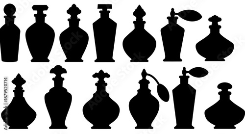 Collection of elegant vintage perfume bottles and atomizers in black silhouette on a white background