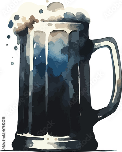Watercolor illustration of dark beer mug with foamy head isolated on white background perfect for pub or restaurant promotion
