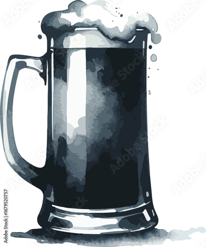 Watercolor Illustration of Dark Beer in Glass Mug with Frothy Head Refreshing Beverage Isolated on White Background