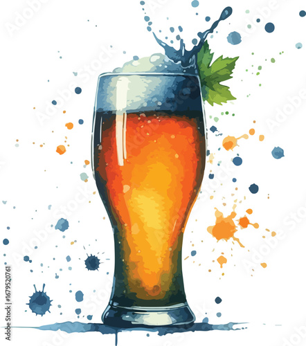 Watercolor illustration of fresh beer in a glass with hop leaf and vibrant splashes on a clean white background