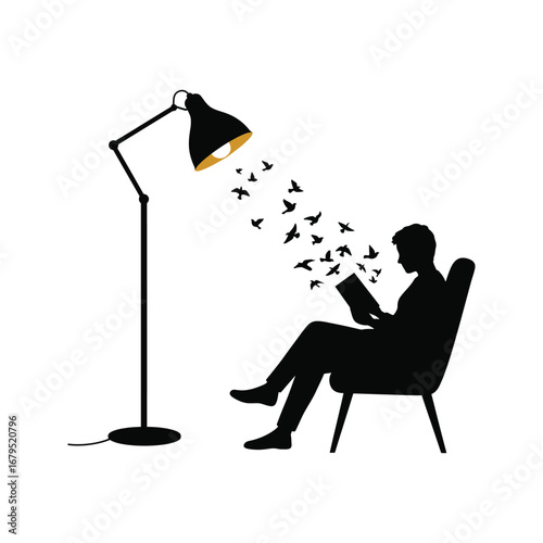 Silhouette of a man reading a book with birds flying from a lamp vector illustration