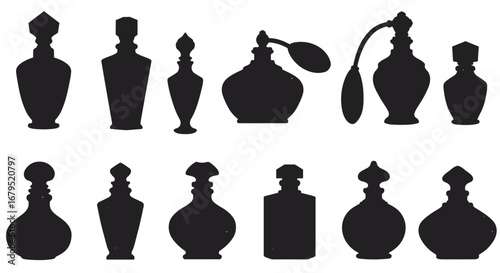 Collection of elegant vintage perfume bottles and atomizers in silhouette on a white background