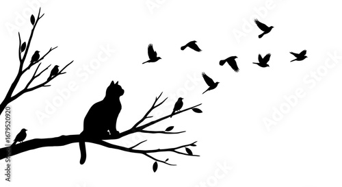 Silhouette of a black cat sitting on a bare tree branch watching birds fly away into the sky