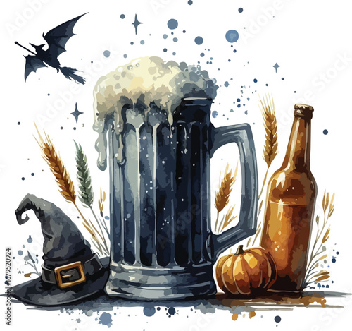 Watercolor Illustration of Halloween Beer Celebration Featuring Witchcraft and Autumn Harvest Elements Festive Design for Prints and Backgrounds