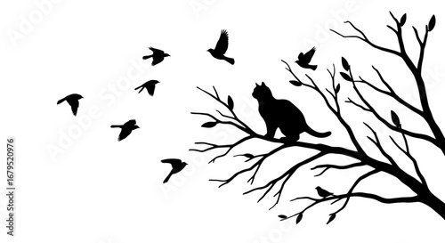Silhouette of a black cat perched on a bare tree branch with a flock of birds flying away