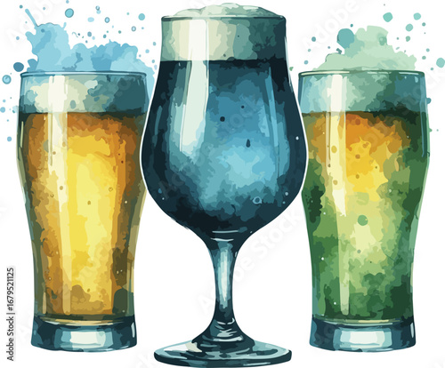Watercolor Illustration of Three Beer Glasses in Different Colors with Foam Tops Artistic and Refreshing Drink Concept