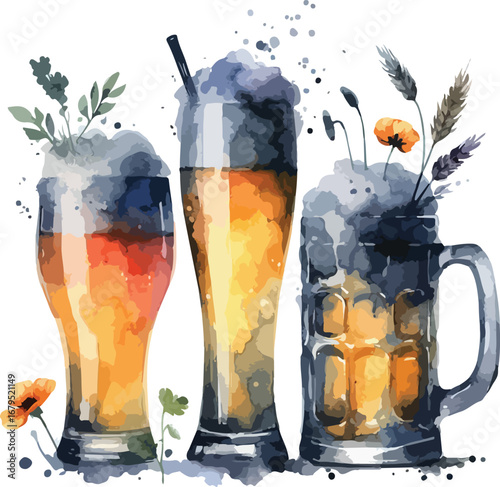 Watercolor Illustration of Three Beer Glasses with Flowers and Wheat for Oktoberfest and Festive Celebrations