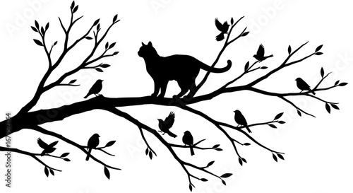 Black cat silhouette perched on a bare tree branch surrounded by small birds in a whimsical artistic illustration