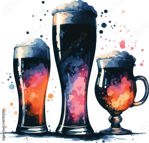 Watercolor Illustration of Three Beer Glasses with Foam a Dark Brew and Splashes on White Background Festive Drinks Concept