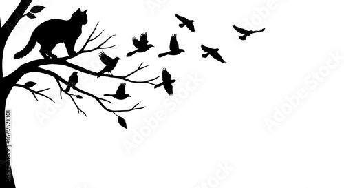 Silhouette of a black cat perched on a bare tree branch with birds flying away into the sky