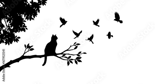 Silhouette of a black cat perched on a tree branch looking up at a flock of birds flying away