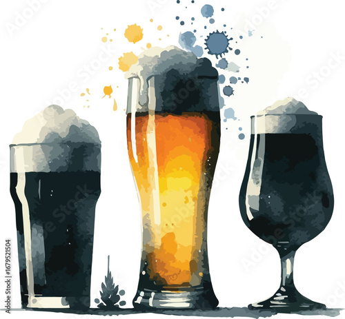 Watercolor Illustration of Three Different Beers in Glasses with Foam Head and Colorful Splatters for Craft Beer Enthusiasts