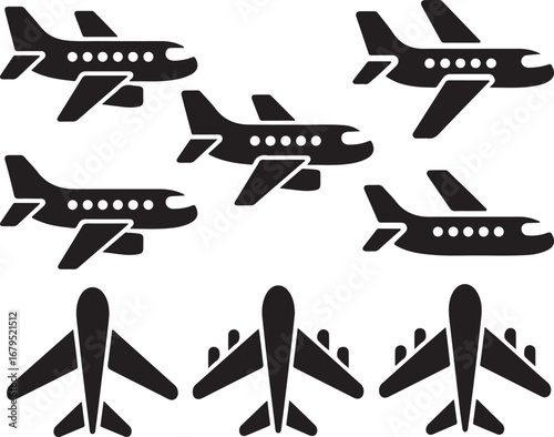 Airplane Icons Set Vector Illustration Black Silhouette on Transparent Background