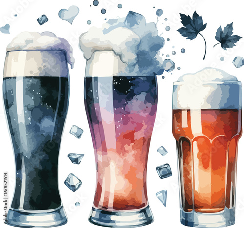 Watercolor Illustration of Three Different Beers with Ice Cubes and Maple Leaves on a White Background Art Style