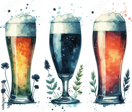 Watercolor Illustration of Three Glasses of Beer with Frothy Heads and Floral Accents in a Festive Mood