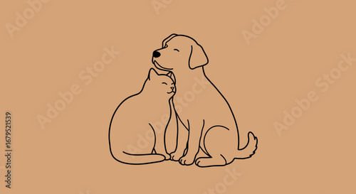 Gentle outline drawing of a dog and cat embracing each other in a warm hug on a tan background