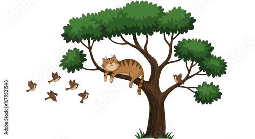 Curious tabby cat naps peacefully in a leafy green tree while small birds flutter nearby on a white background