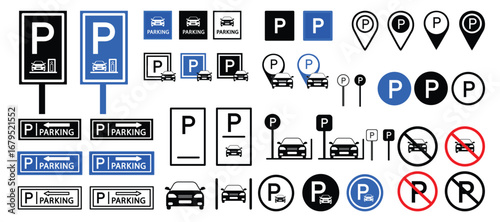 Car parking icon set symbol. Parking lot Silhouette sign. Parking symbol with car illustration. Park vehicle area or no parking area. Auto zone pictogram. 