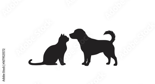 Silhouette of a domestic cat and dog facing each other in a gentle friendly encounter