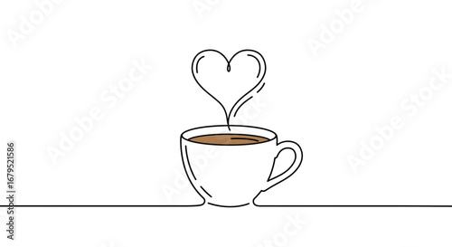 Minimalist single line drawing of a steaming coffee cup with heart shaped steam symbolizing love for coffee