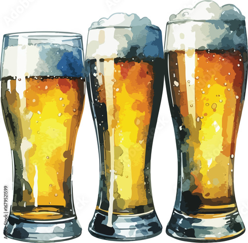 Watercolor Illustration of Three Glasses of Beer with Frothy Heads Perfect for Celebrations and Gatherings with Friends and Family