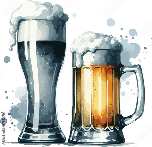 Watercolor Illustration of Two Glasses of Beer with Frothy Foam Refreshing Alcoholic Beverages for Celebrations and Social Gatherings