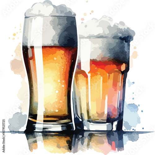 Watercolor Illustration of Two Refreshing Beers with Foamy Heads Perfect for a Summer Celebration or Oktoberfest Feast