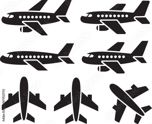Airplane Icons Set Vector Illustration Black Silhouette on Transparent Background