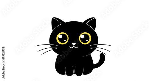 Adorable kawaii black kitten with big yellow eyes sitting and looking forward