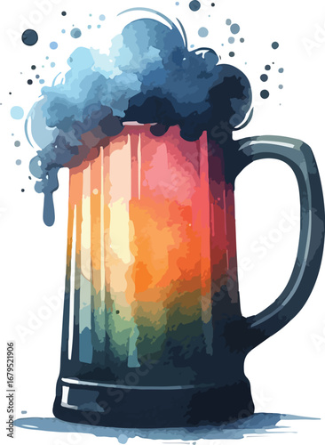 Watercolor Painting of a Beer Mug with Colorful Liquid and Frothy Head Detailed Illustration Isolated