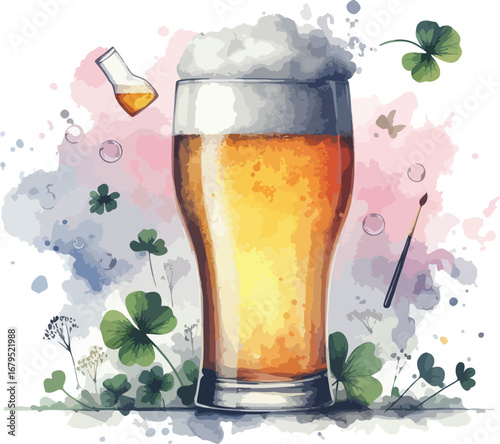Watercolor Painting of a Glass of Beer with Clovers and Pint Glass Featuring Festive St Patricks Day Elements