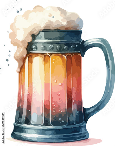 Watercolor Painting of a Traditional Beer Stein Overflowing with Frothy Head Classic German Design and Rich Amber Colors Ideal for Oktoberfest Celebrations
