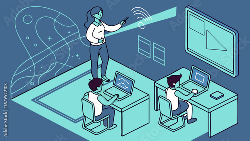 Virtual Classroom with Holographic Teacher – Vector Illustration of Future Education , advance and Digital Learning