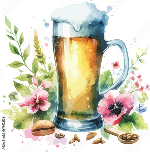 Watercolor Painting of Beer with Flowers and Coffee Beans A Refreshing and Artistic Illustration for Various Creative Projects