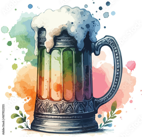 Watercolor Painting of Beer Mug with Frothy Head and Colorful Accents Celebrating Oktoberfest and Craft Beer Culture