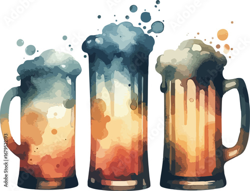 Watercolor painting of three beer glasses with overflowing foam in shades of amber and blue on white background