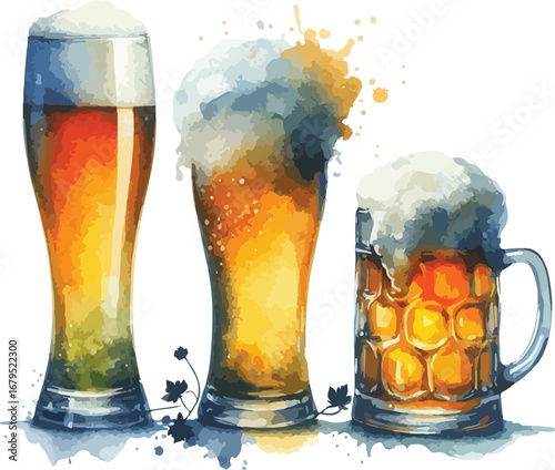 Watercolor Painting of Three Different Beers with Frothy Heads on a White Background Perfect for Craft Brewery Designs